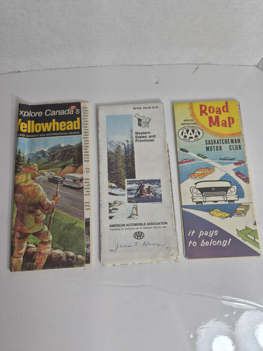 Vintage Road Maps Lot of 3 - 1959 Saskatchewan Motor Club, Explore Canada's Yellowhead, AAA Western States and Provinces 1984