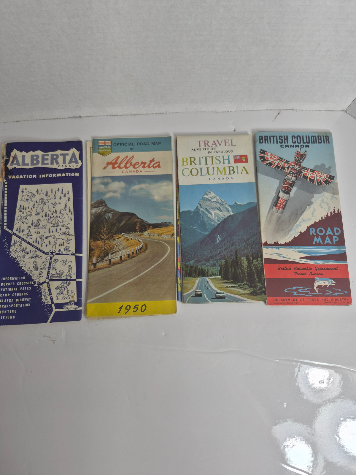 Vintage Road Maps Lot of 4 - 1950 Alberta Official Map, British Columbia Totem Pole Map, BC Pictorial Map, Alberta Vacation Booklet