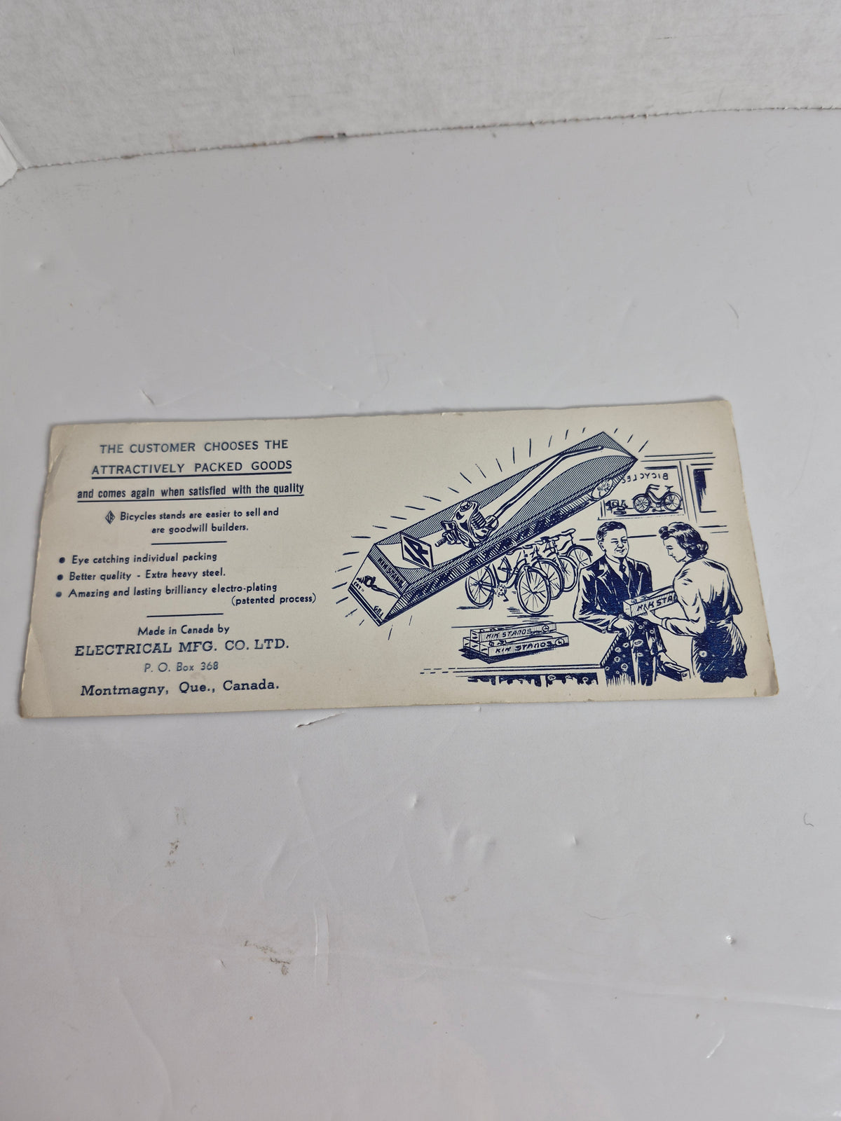 Bicycle Kickstand Ink Blotter — Electrical Mfg. Co. Ltd., Montmagny, Quebec — "Kik Stands" Trade Advertising — Made in Canada