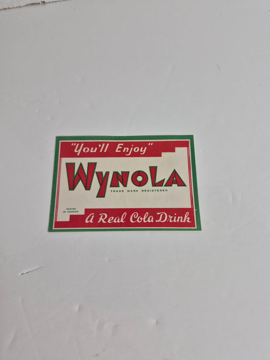 Wynola Cola Paper Bottle Label — "You'll Enjoy — A Real Cola Drink" — Printed in Canada — Vintage Soda Advertising