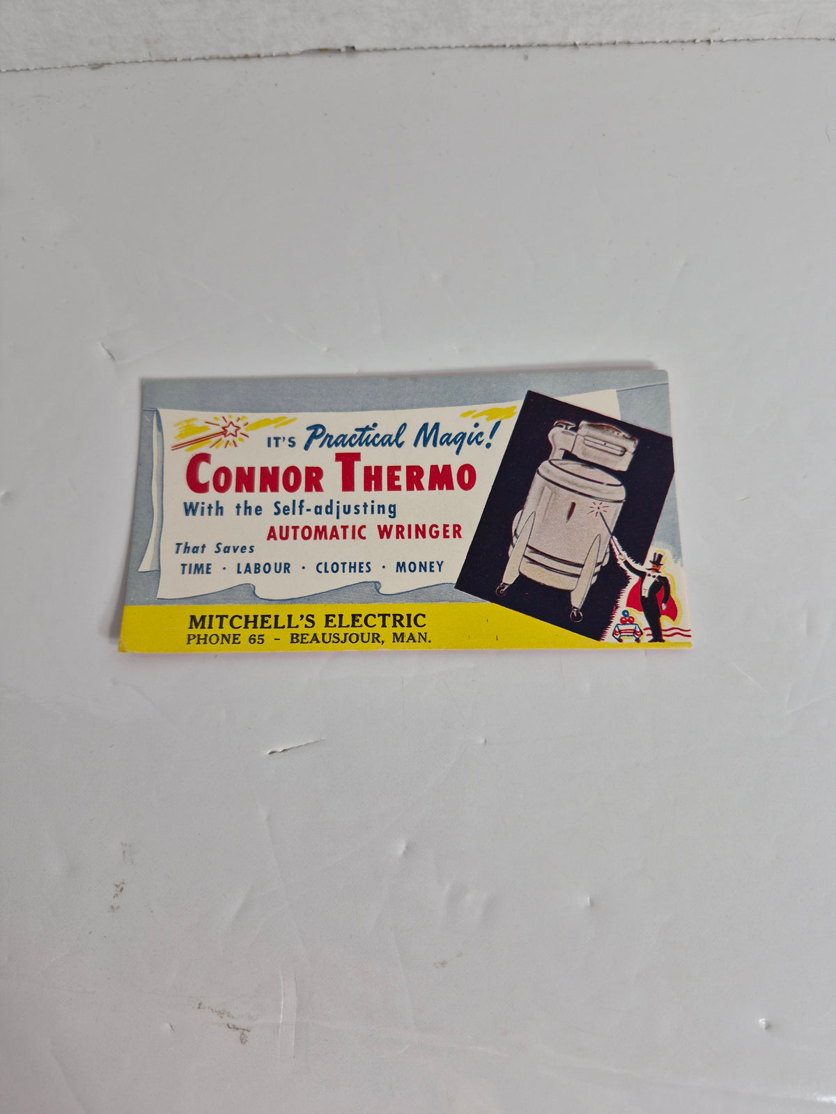 Connor Thermo Automatic Wringer Washer Ink Blotter — Mitchell's Electric, Beausejour, Manitoba — Vintage Advertising