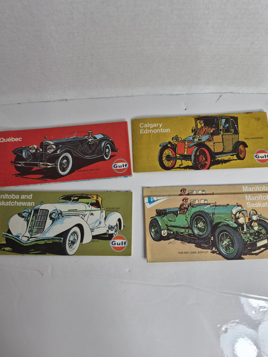 Vintage Gulf Oil Canada Road Map Lot – 4 Maps – Gallery of Great Cars Covers: Québec, Calgary/Edmonton, Manitoba & Saskatchewan x 2 Editions – Rolph-McNally