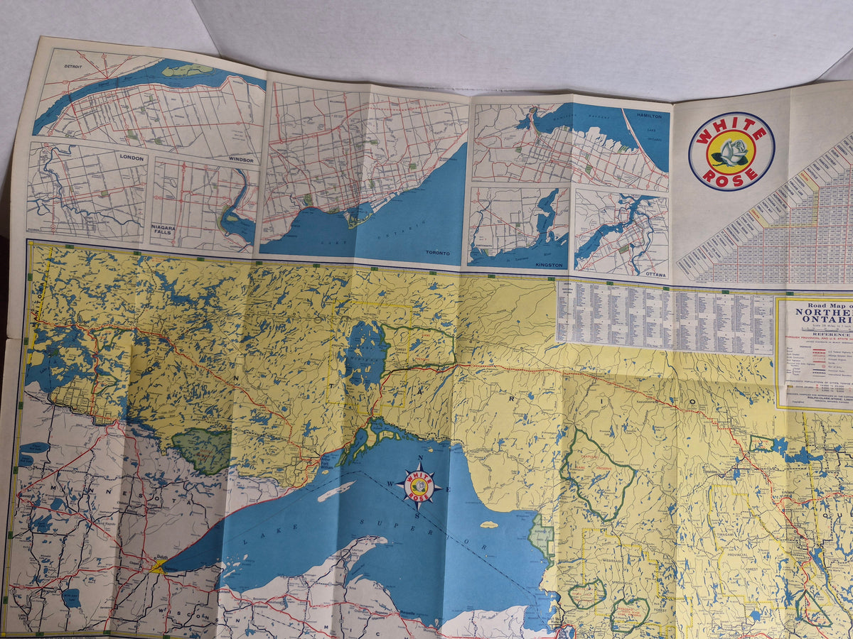 1956 White Rose Ontario Road Map – Canadian Oil Companies Service Station Map – Southern & Northern Ontario, City Insets – Rolph-Clark-Stone