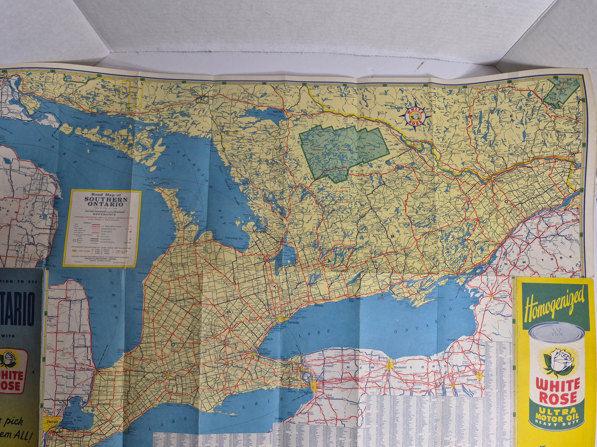 1956 White Rose Ontario Road Map – Canadian Oil Companies Service Station Map – Southern & Northern Ontario, City Insets – Rolph-Clark-Stone