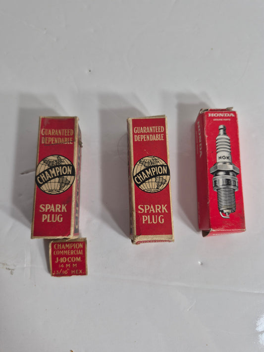 Vintage Spark Plug Lot of 3 in Original Boxes – Champion J-10 Commercial & H-9 Commercial (Made in Canada) + Honda NGK CR7HSA