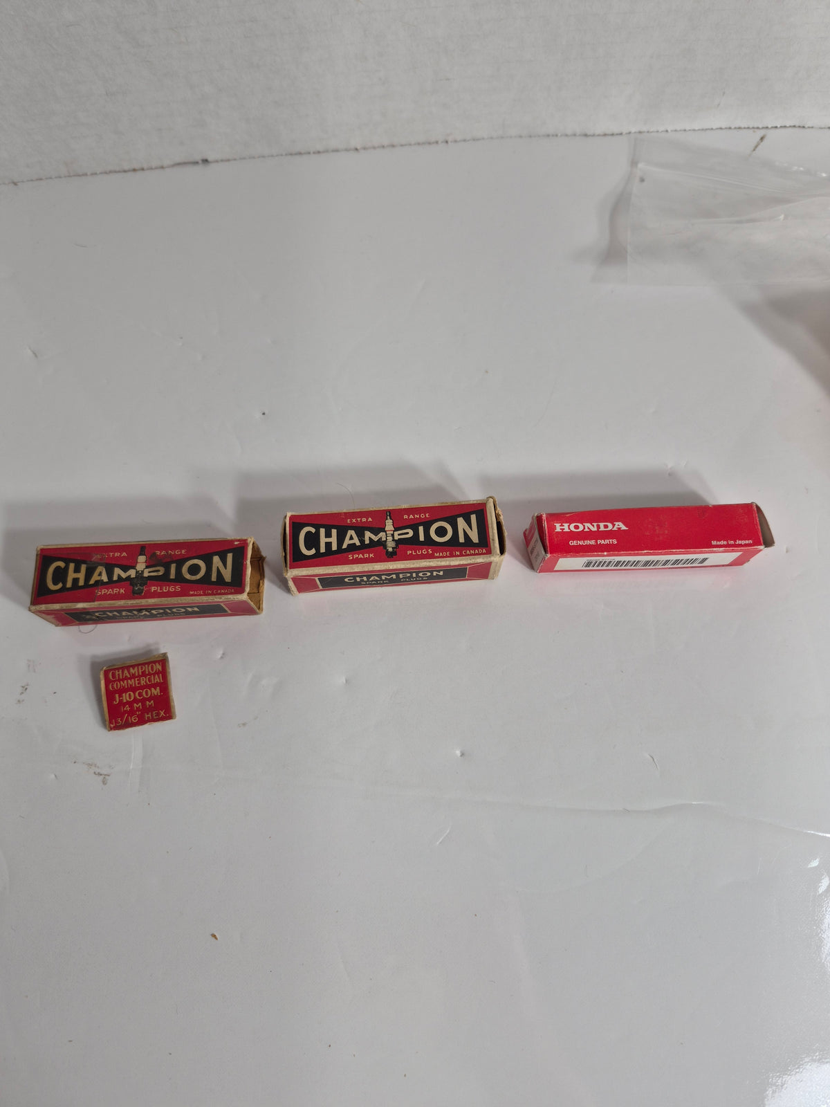 Vintage Spark Plug Lot of 3 in Original Boxes – Champion J-10 Commercial & H-9 Commercial (Made in Canada) + Honda NGK CR7HSA