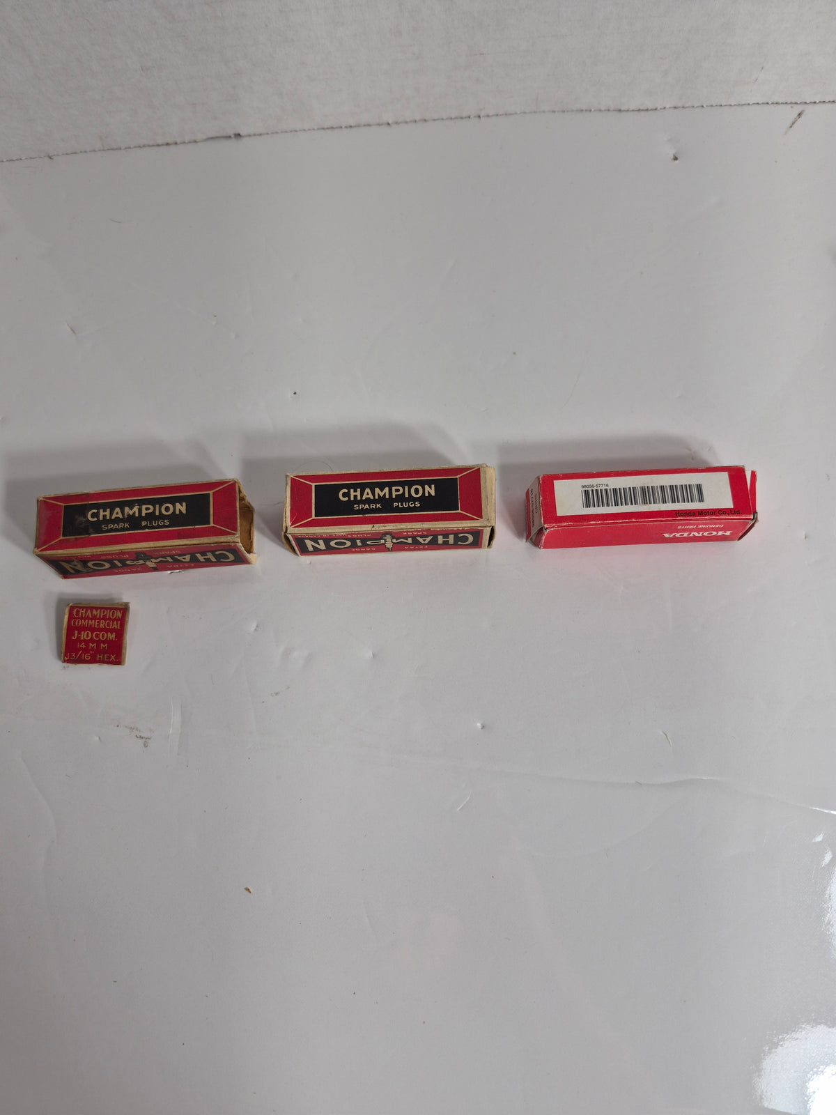 Vintage Spark Plug Lot of 3 in Original Boxes – Champion J-10 Commercial & H-9 Commercial (Made in Canada) + Honda NGK CR7HSA