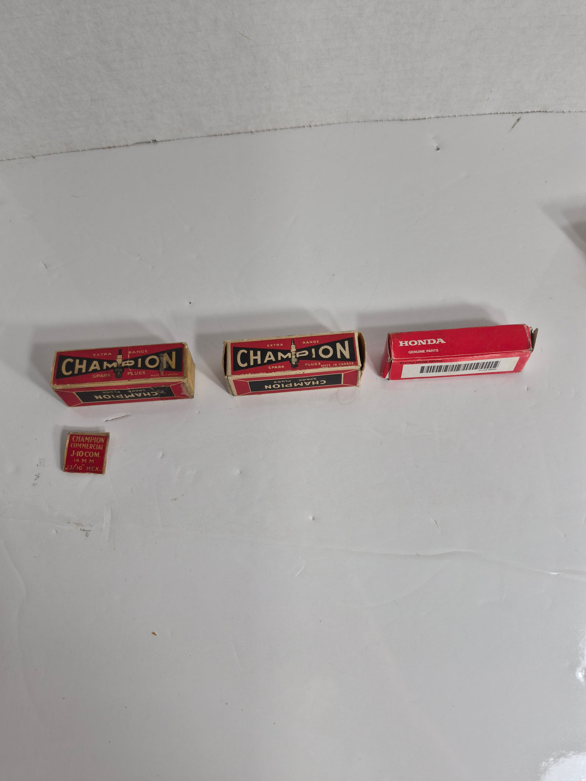 Vintage Spark Plug Lot of 3 in Original Boxes – Champion J-10 Commercial & H-9 Commercial (Made in Canada) + Honda NGK CR7HSA