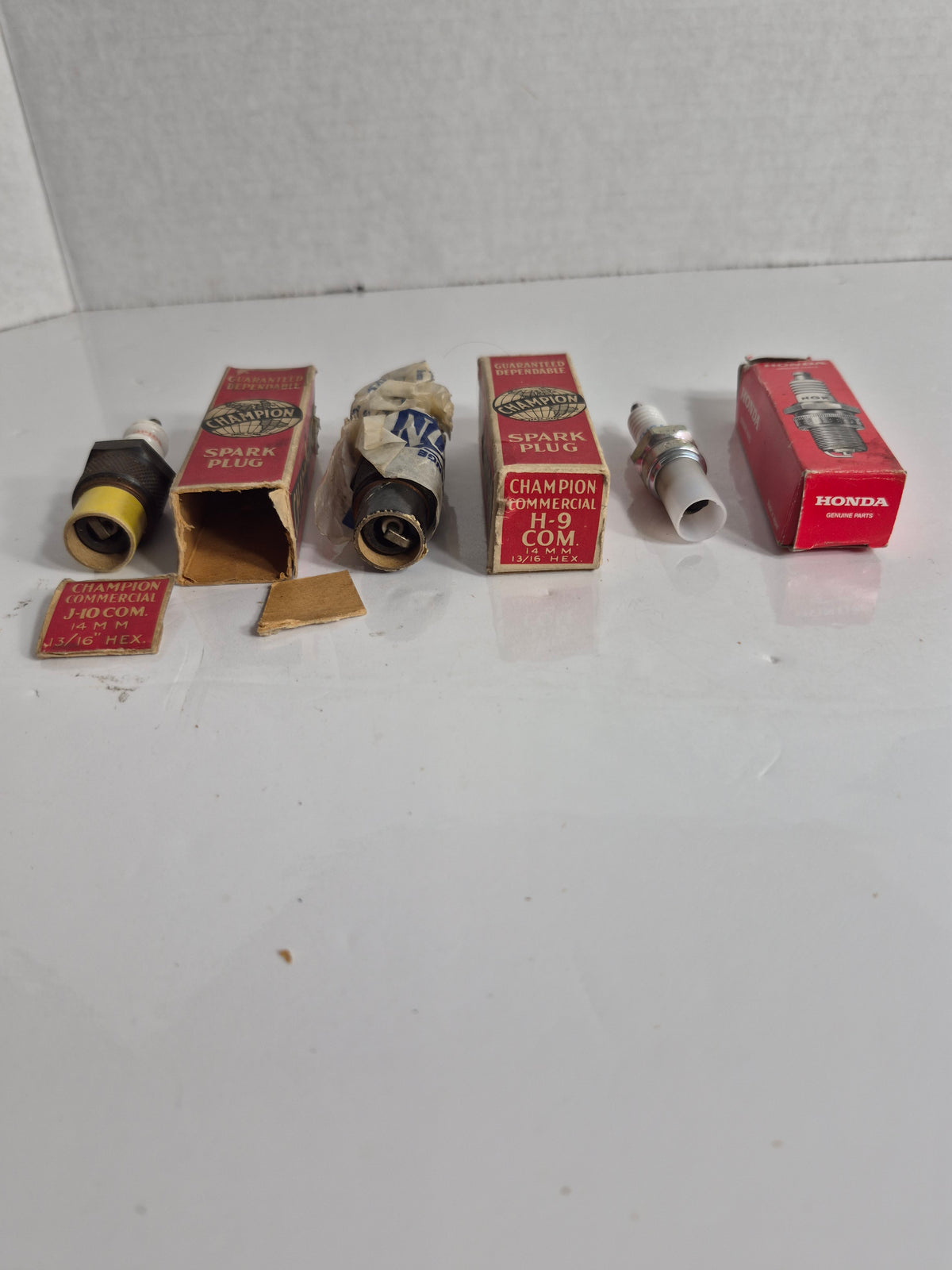 Vintage Spark Plug Lot of 3 in Original Boxes – Champion J-10 Commercial & H-9 Commercial (Made in Canada) + Honda NGK CR7HSA