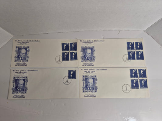 1980 John G. Diefenbaker First Day Cover Lot of 4 – Saskatoon Day of Issue Cancel, Presented by Ray Hnatyshyn MP – Canada 17 Cent Stamp