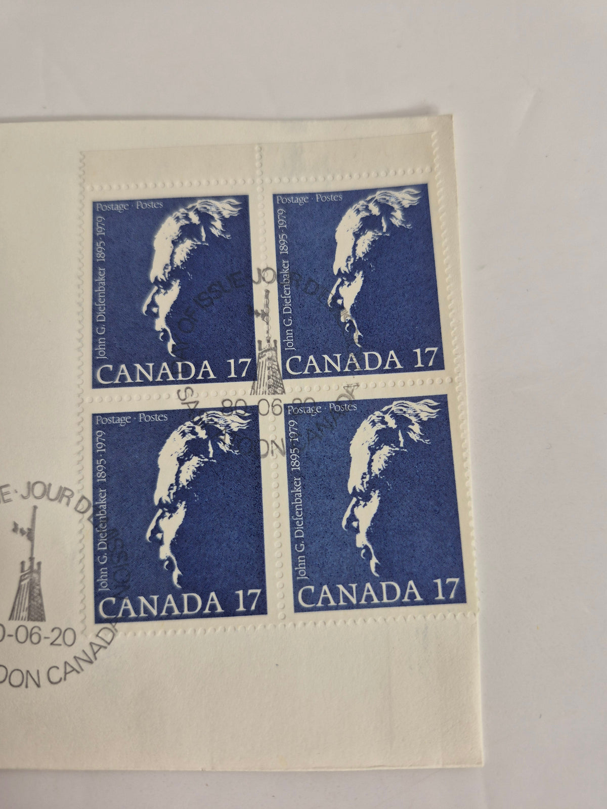 1980 John G. Diefenbaker First Day Cover Lot of 4 – Saskatoon Day of Issue Cancel, Presented by Ray Hnatyshyn MP – Canada 17 Cent Stamp