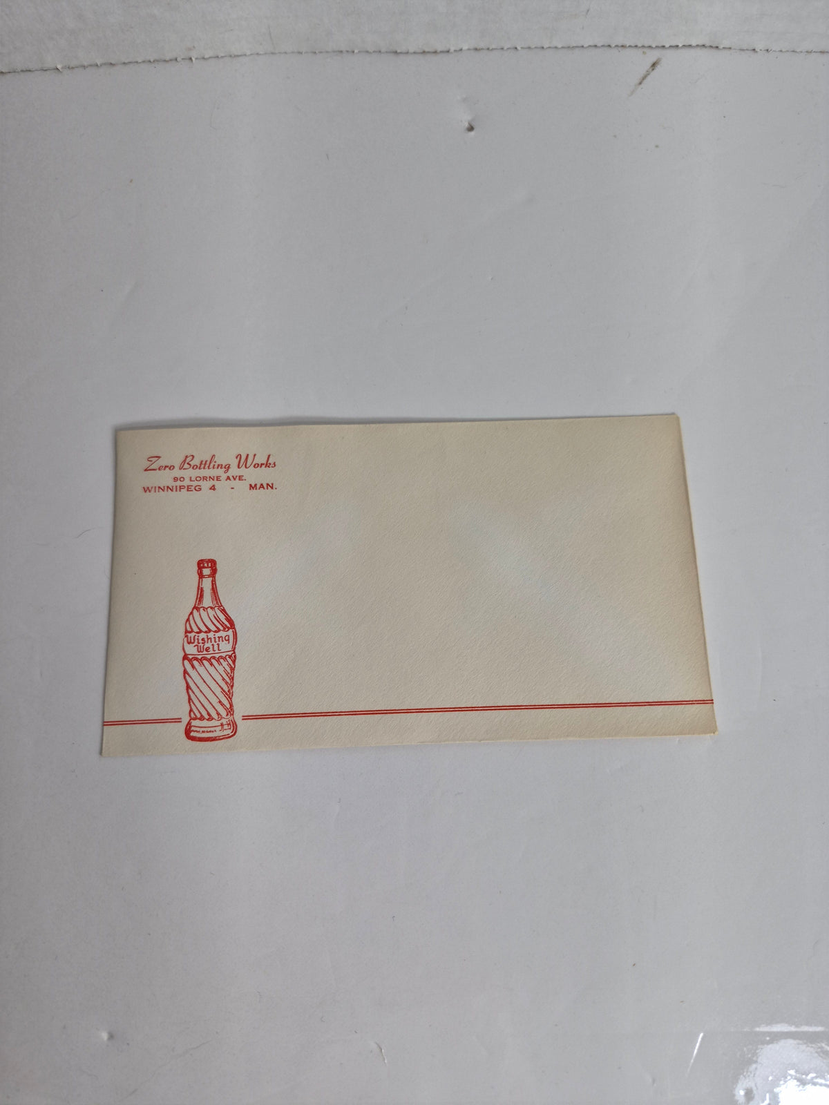 Zero Bottling Works Winnipeg Envelope - Wishing Well Soda Bottle Advertising - Manitoba