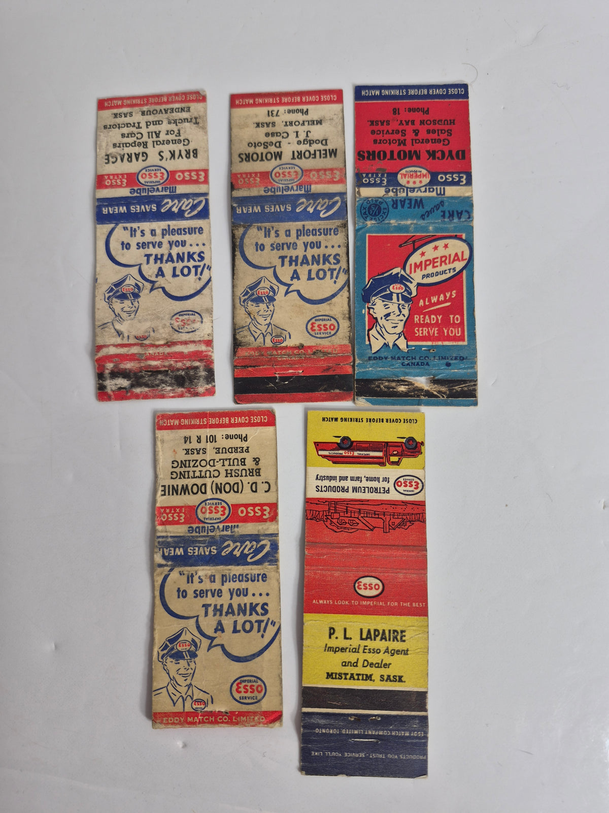 Vintage Imperial Esso Matchbook Cover Lot of 5 – Saskatchewan Dealers, Eddy Match – Marvelube, Touring Service Backs