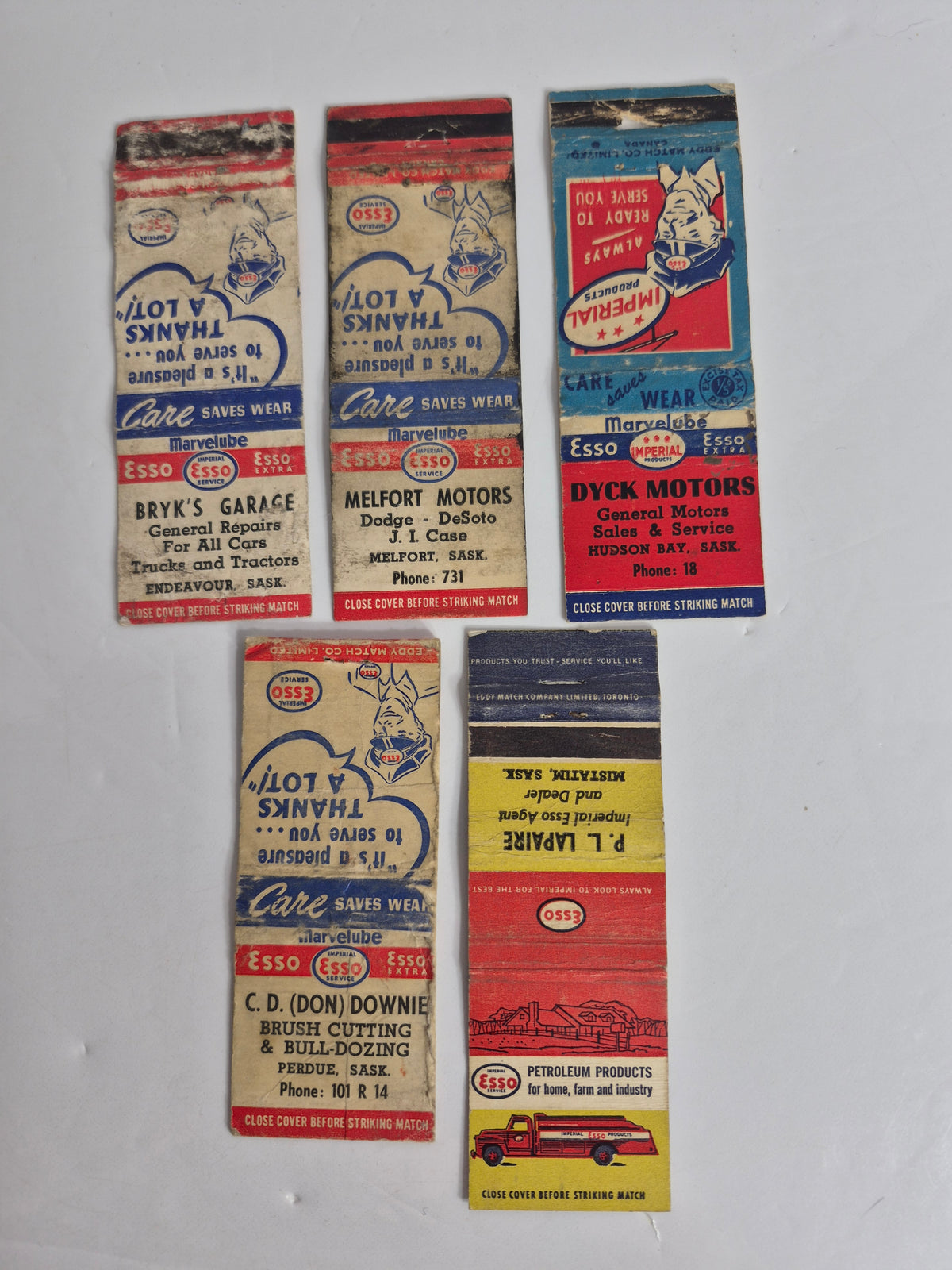 Vintage Imperial Esso Matchbook Cover Lot of 5 – Saskatchewan Dealers, Eddy Match – Marvelube, Touring Service Backs