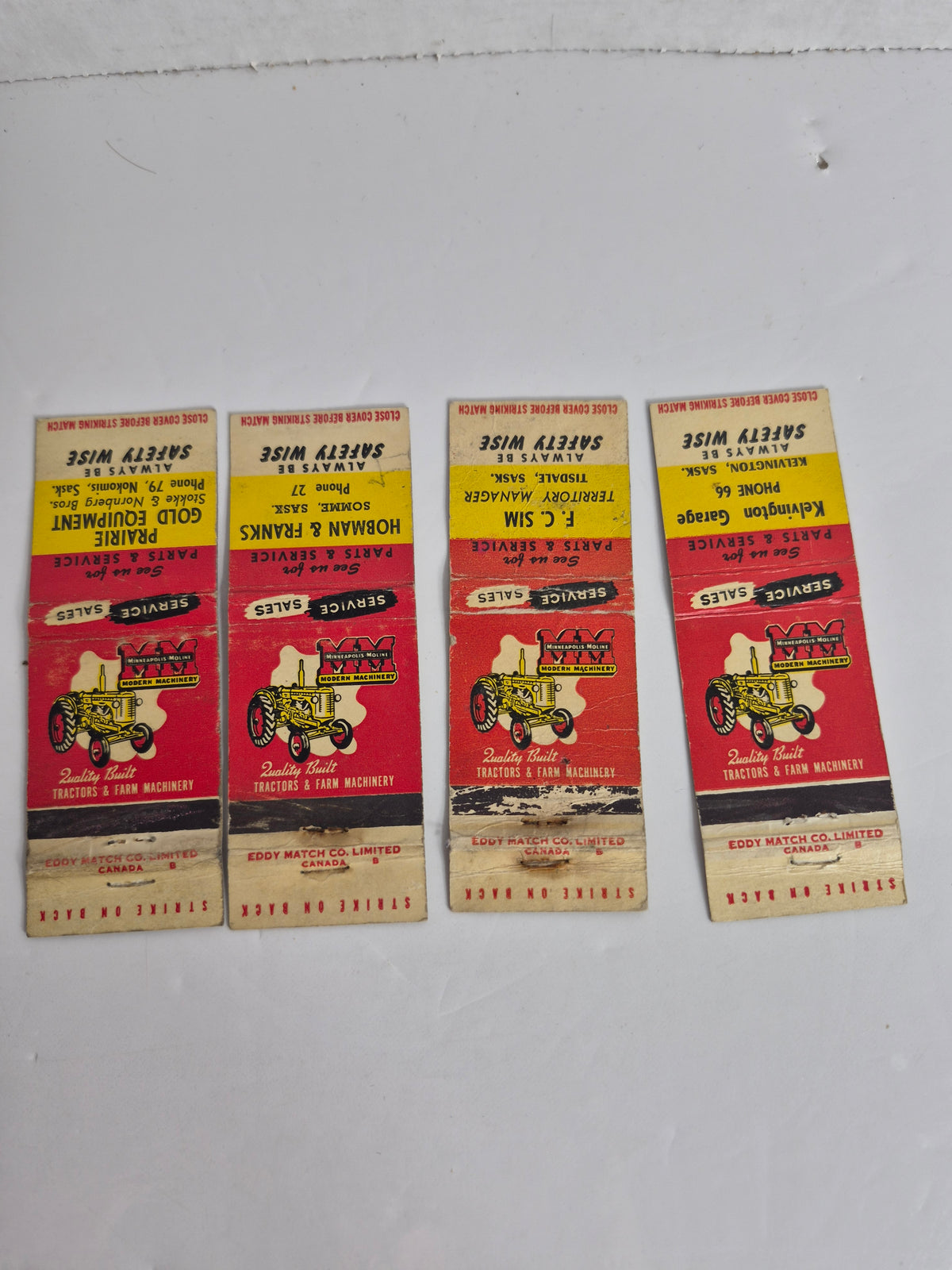 Vintage Minneapolis-Moline Matchbook Cover Lot of 4 – Saskatchewan Dealers, Eddy Match Co. – MM Tractor Advertising
