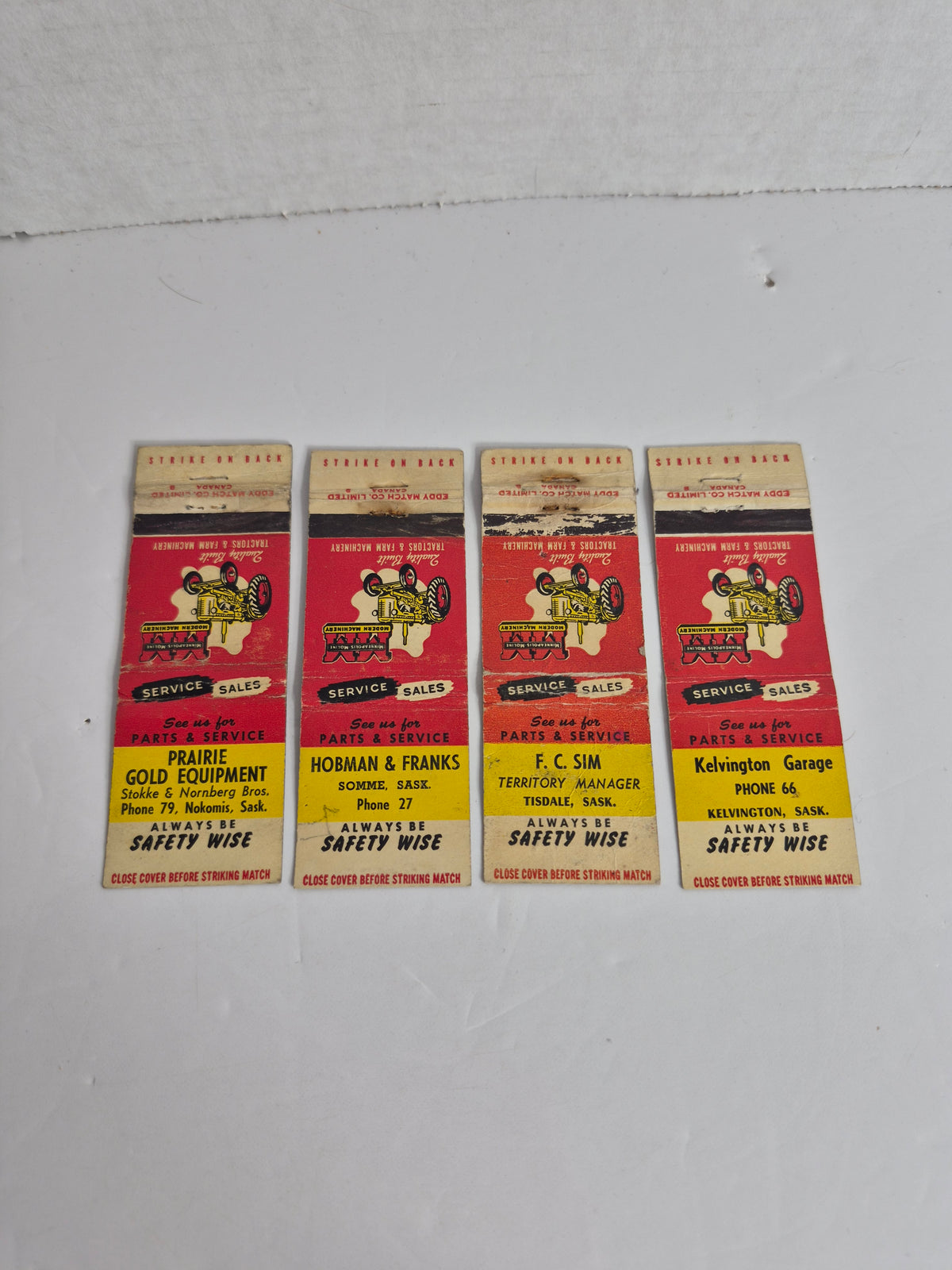 Vintage Minneapolis-Moline Matchbook Cover Lot of 4 – Saskatchewan Dealers, Eddy Match Co. – MM Tractor Advertising