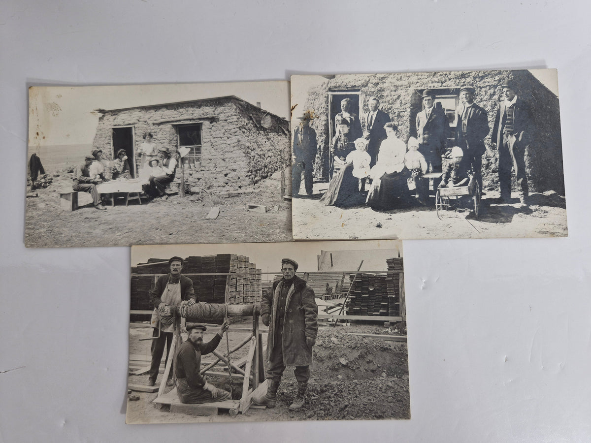 Antique Real Photo Postcard Lot of 3 (RPPC) – Prairie Sod Houses & Family Groups, Brickyard Workers – AZO Backs, Unused
