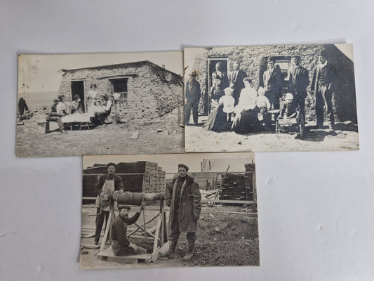 Antique Real Photo Postcard Lot of 3 (RPPC) – Prairie Sod Houses & Family Groups, Brickyard Workers – AZO Backs, Unused
