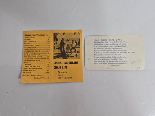 Vintage BC Ephemera Card Lot of 2 – Good Eats Cafe Wells Business Card + Yellow Cab Vancouver Sightseeing Card