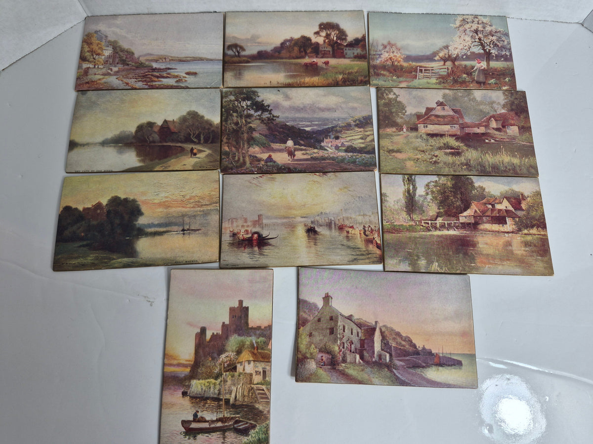 Antique C. W. Faulkner Panel Greeting Card Lot of 11 – British Landscape Art Postcards, London – Birthday Wishes Backs