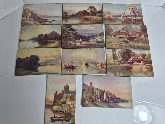 Antique C. W. Faulkner Panel Greeting Card Lot of 11 – British Landscape Art Postcards, London – Birthday Wishes Backs