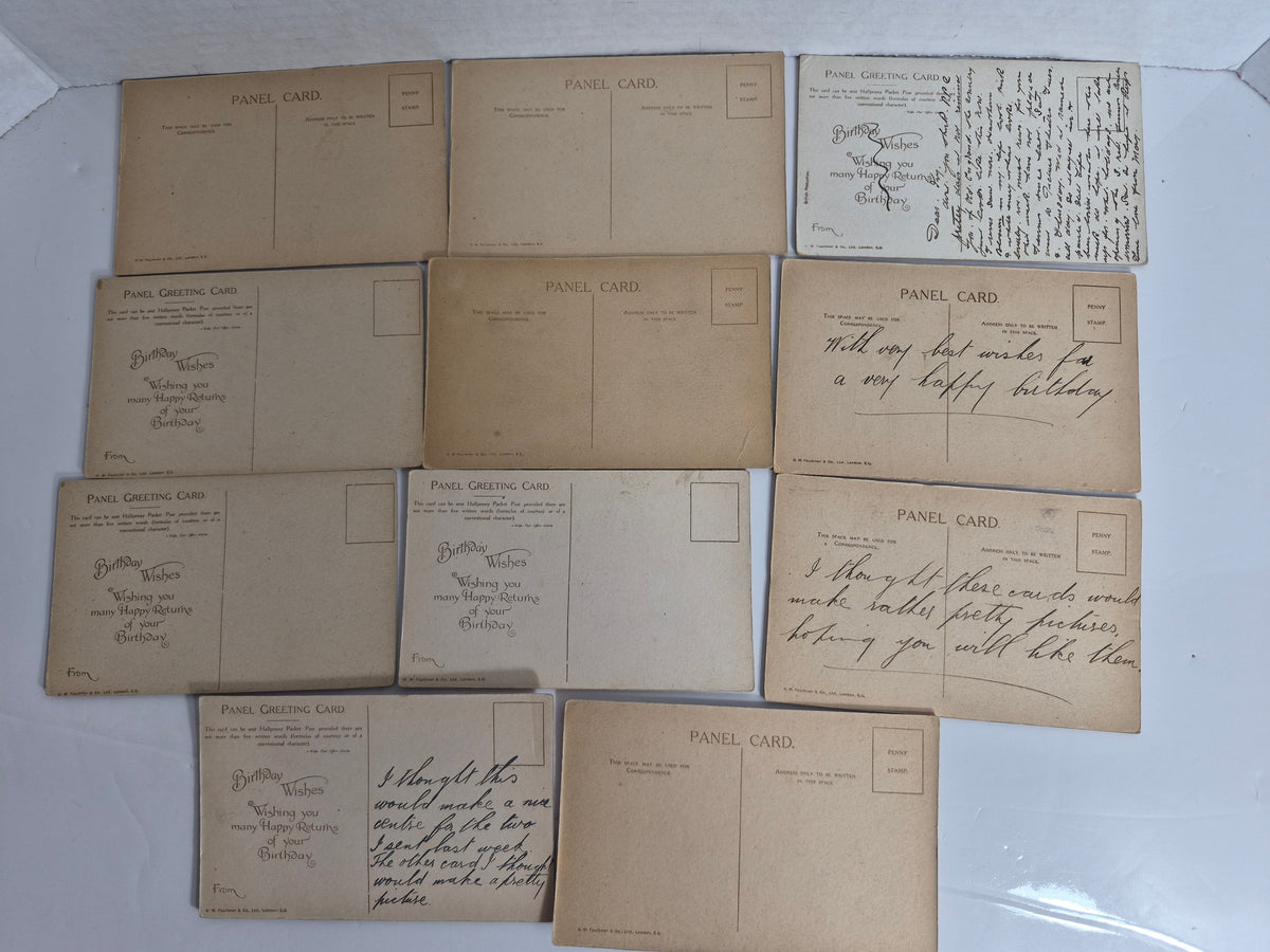 Antique C. W. Faulkner Panel Greeting Card Lot of 11 – British Landscape Art Postcards, London – Birthday Wishes Backs