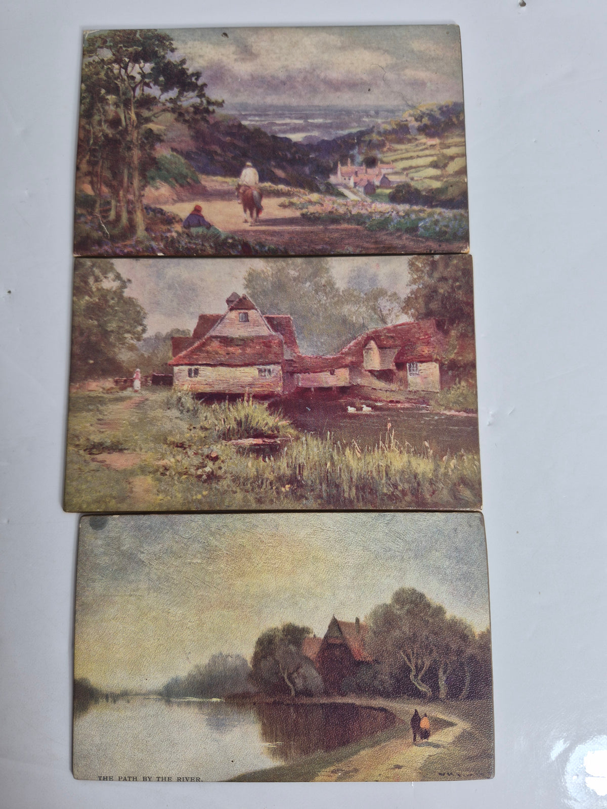 Antique C. W. Faulkner Panel Greeting Card Lot of 11 – British Landscape Art Postcards, London – Birthday Wishes Backs