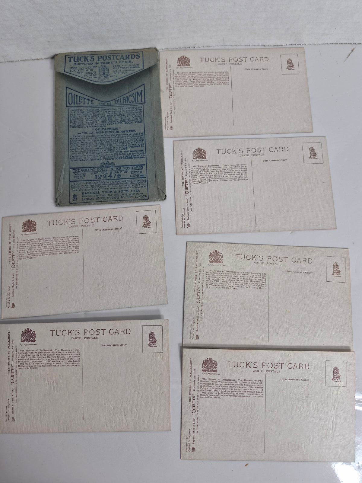 Raphael Tuck Oilette "Houses of Parliament" Postcard Packet – Complete Set of 6 in Original Envelope, Charles E. Flower, Series O.F. 7898