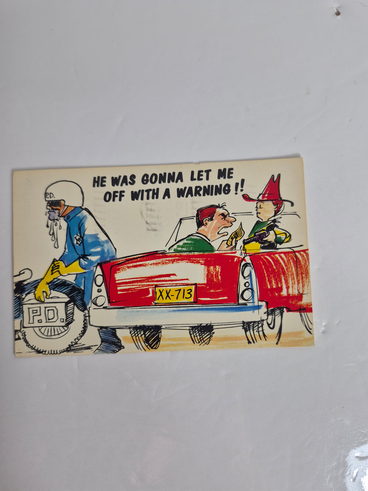 Vintage Comic Postcard Pair – 1968 Jimmie Little Ltd. Victoria B.C. Advertising Card (Stan Davison) + "He Was Gonna Let Me Off With a Warning!!" Gag Card, Mailed Revelstoke to Victoria