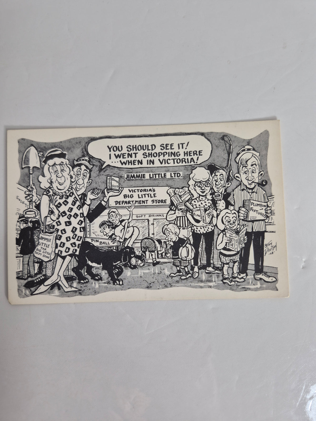 Vintage Comic Postcard Pair – 1968 Jimmie Little Ltd. Victoria B.C. Advertising Card (Stan Davison) + "He Was Gonna Let Me Off With a Warning!!" Gag Card, Mailed Revelstoke to Victoria