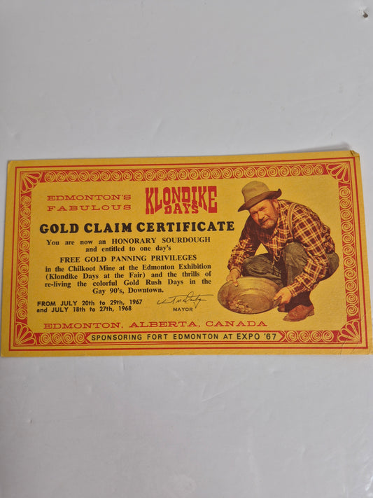 Edmonton Klondike Days Gold Claim Certificate Oversized Postcard – Honorary Sourdough, 1967–1968, Fort Edmonton at Expo '67