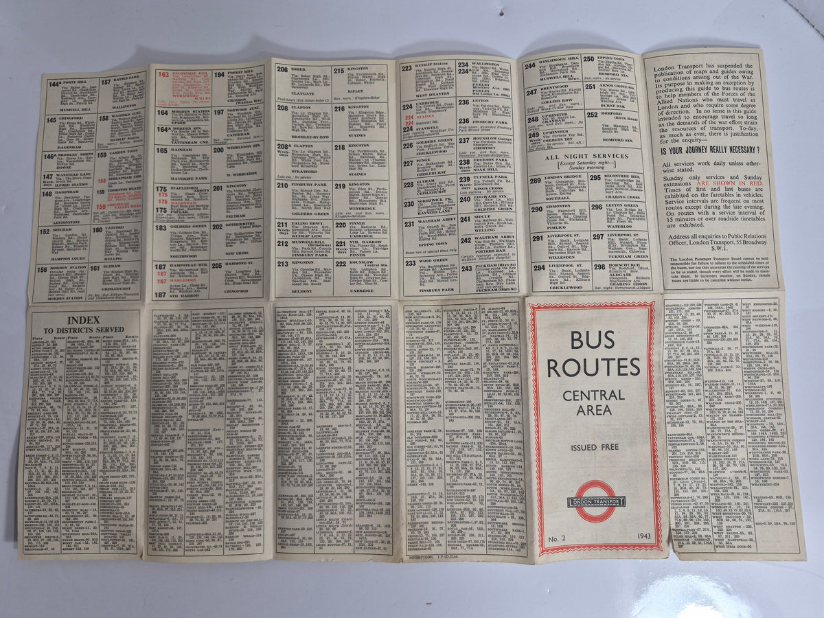 1943 London Transport Bus Routes Central Area No. 2 – WWII Wartime Issue, "Is Your Journey Really Necessary?" – Folding Route List