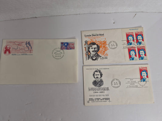 Louis Riel & Gabriel Dumont First Day Cover Set of 3 – 1970 Riel (2 Cachets, Block of 4) + 1985 Dumont Batoche Centenary, Saskatchewan Métis History