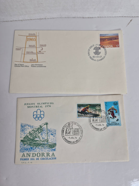 First Day Cover Pair – 1980 Saskatchewan 75th Anniversary (Regina Cancel) + 1976 Andorra FDC for the Montreal Olympics