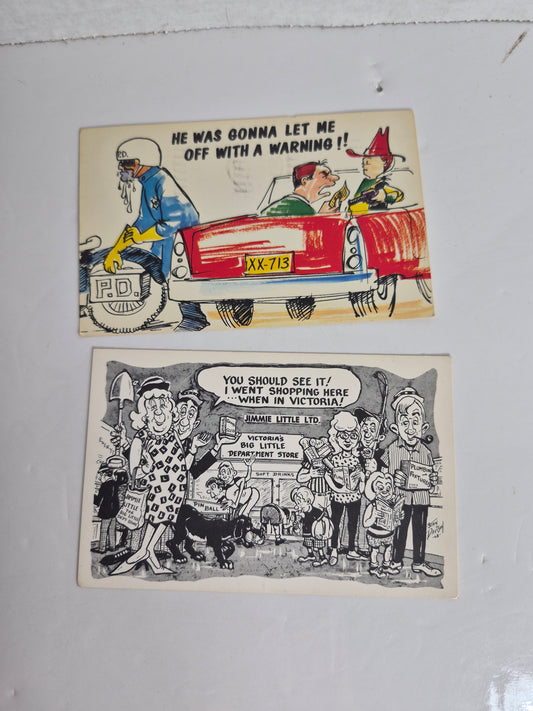 Vintage Comic Postcard Pair – 1968 Jimmie Little Ltd. Victoria B.C. Advertising Card (Stan Davison) + "He Was Gonna Let Me Off With a Warning!!" Gag Card, Mailed Revelstoke to Victoria