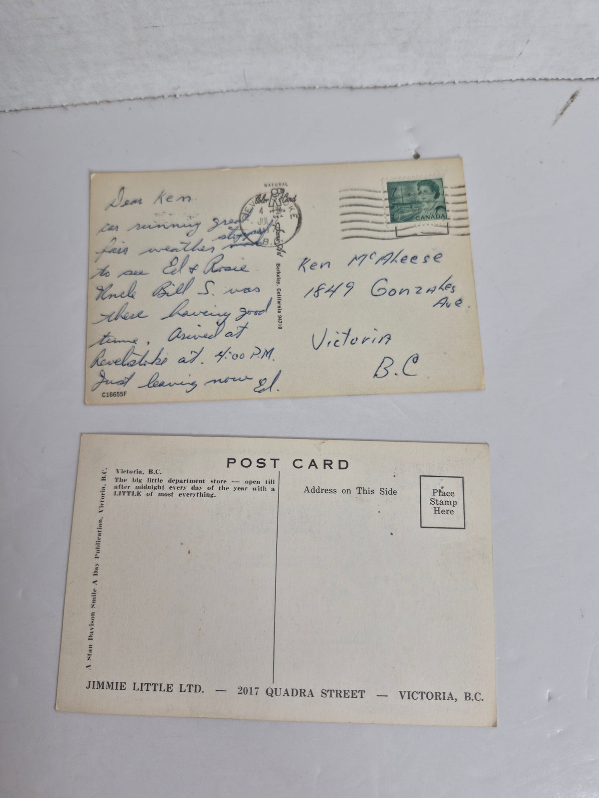 Vintage Comic Postcard Pair – 1968 Jimmie Little Ltd. Victoria B.C. Advertising Card (Stan Davison) + "He Was Gonna Let Me Off With a Warning!!" Gag Card, Mailed Revelstoke to Victoria