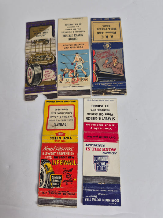 Vintage Matchbook Covers – Lot of 5 – Irvine's Austin Service, Saskatoon – Clifton Service Station, Winnipeg, 1961 Blue Bombers Schedule Inside – Jaques Tire Shop, Porcupine Plain