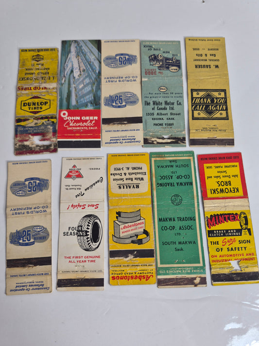 Vintage Matchbook Covers – Lot of 10, Mostly Saskatchewan – Co-op Refinery Regina 25th Anniversary 1935–1960 – White Motor Co. Regina – Dunlop Tires, Hafford – Makwa Trading Co-op
