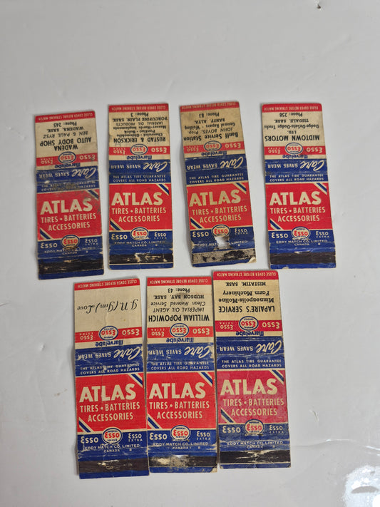 Esso / Imperial Oil "Atlas Tires" Matchbook Covers – Lot of 7 Dealer Covers – Wadena, Porcupine Plain, Tisdale, Hudson Bay & Mistatim, Sask. – Banff, Alta.
