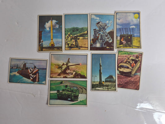 1954 Bowman "Power for Peace" Military Trading Cards – Lot of 9 – USS Nautilus Atomic Submarine – Nike Guided Missile – Viking Rocket – 75mm Recoilless Rifle – Tracked Weasel