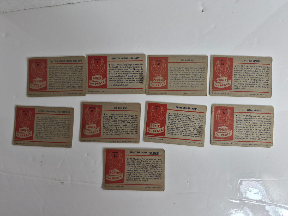1954 Bowman "Power for Peace" Military Trading Cards – Lot of 9 – USS Nautilus Atomic Submarine – Nike Guided Missile – Viking Rocket – 75mm Recoilless Rifle – Tracked Weasel