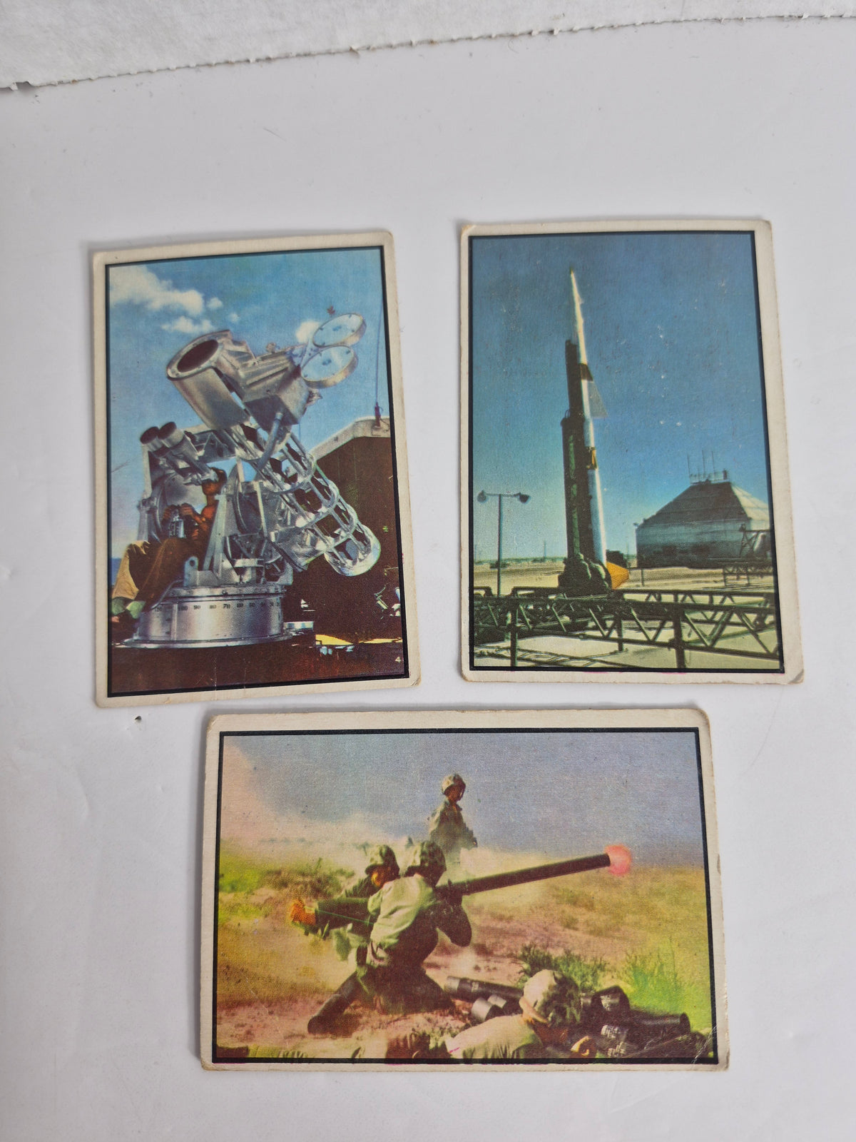 1954 Bowman "Power for Peace" Military Trading Cards – Lot of 9 – USS Nautilus Atomic Submarine – Nike Guided Missile – Viking Rocket – 75mm Recoilless Rifle – Tracked Weasel