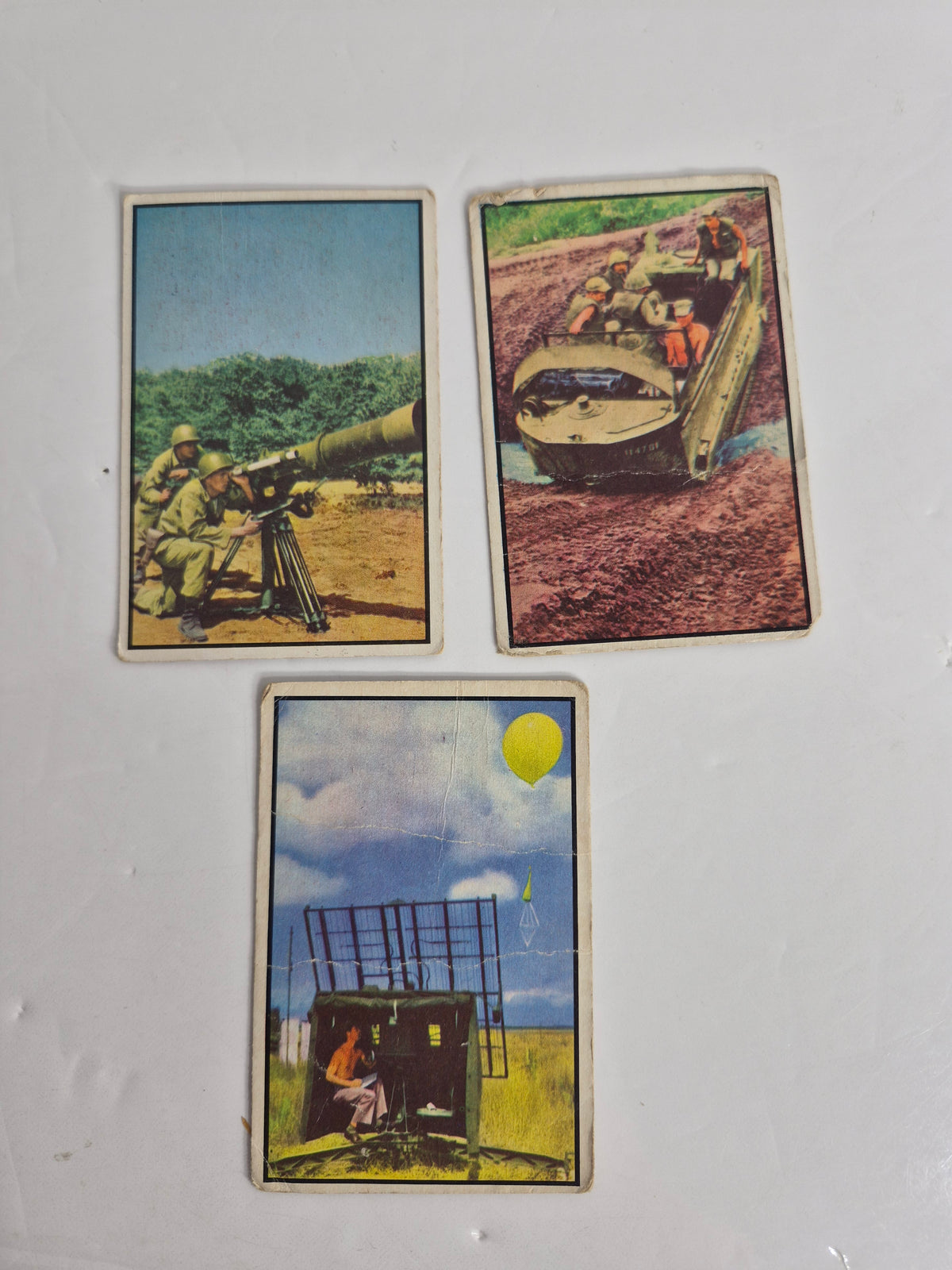 1954 Bowman "Power for Peace" Military Trading Cards – Lot of 9 – USS Nautilus Atomic Submarine – Nike Guided Missile – Viking Rocket – 75mm Recoilless Rifle – Tracked Weasel
