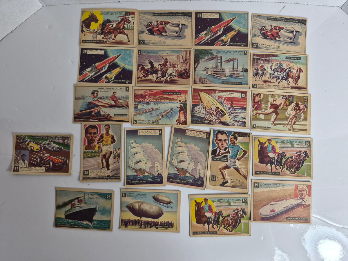 1950s "Race Against Time" Trading Cards – Lot of 22 (18 Different) – Canadian Bilingual Issue – Calgary Stampede Chuck Wagon Race – Queen's Plate – Space Ship Race – Indianapolis 500
