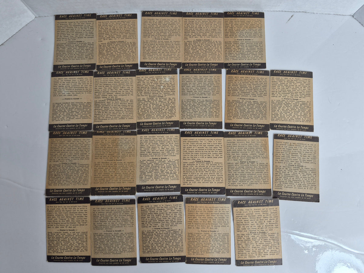 1950s "Race Against Time" Trading Cards – Lot of 22 (18 Different) – Canadian Bilingual Issue – Calgary Stampede Chuck Wagon Race – Queen's Plate – Space Ship Race – Indianapolis 500