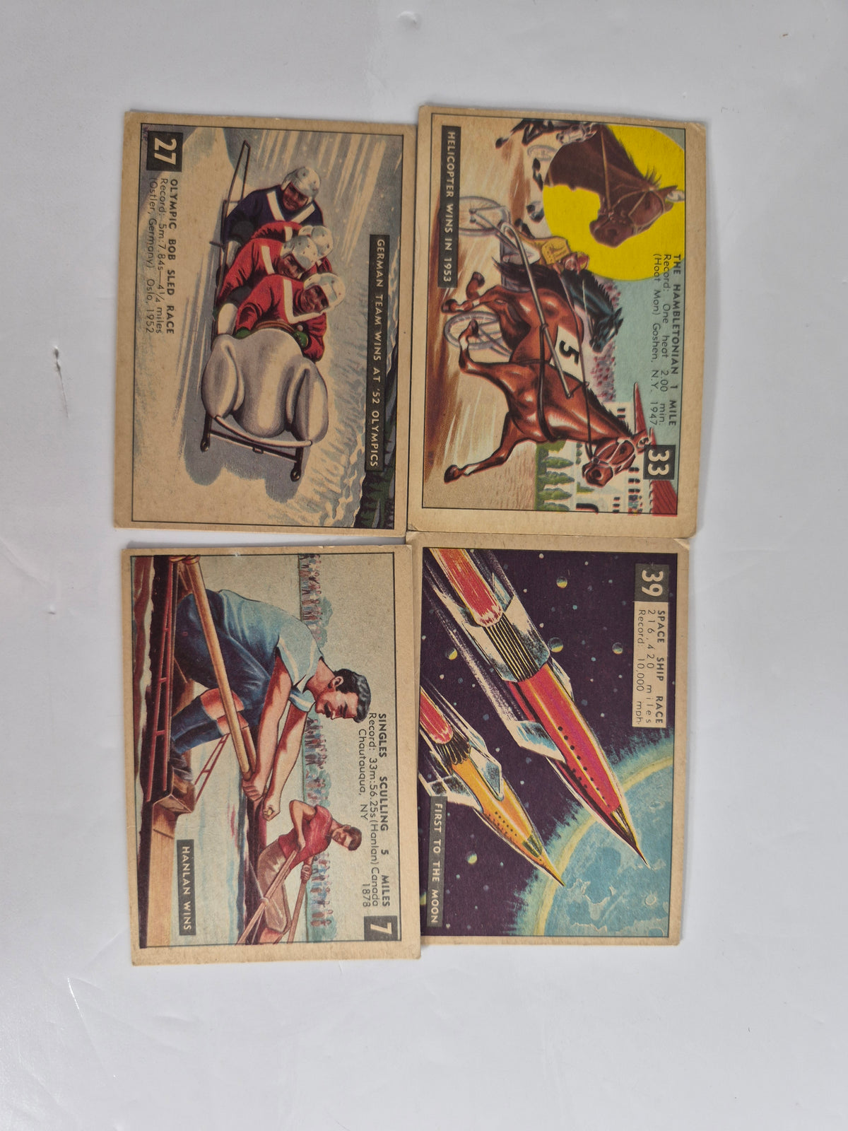 1950s "Race Against Time" Trading Cards – Lot of 22 (18 Different) – Canadian Bilingual Issue – Calgary Stampede Chuck Wagon Race – Queen's Plate – Space Ship Race – Indianapolis 500