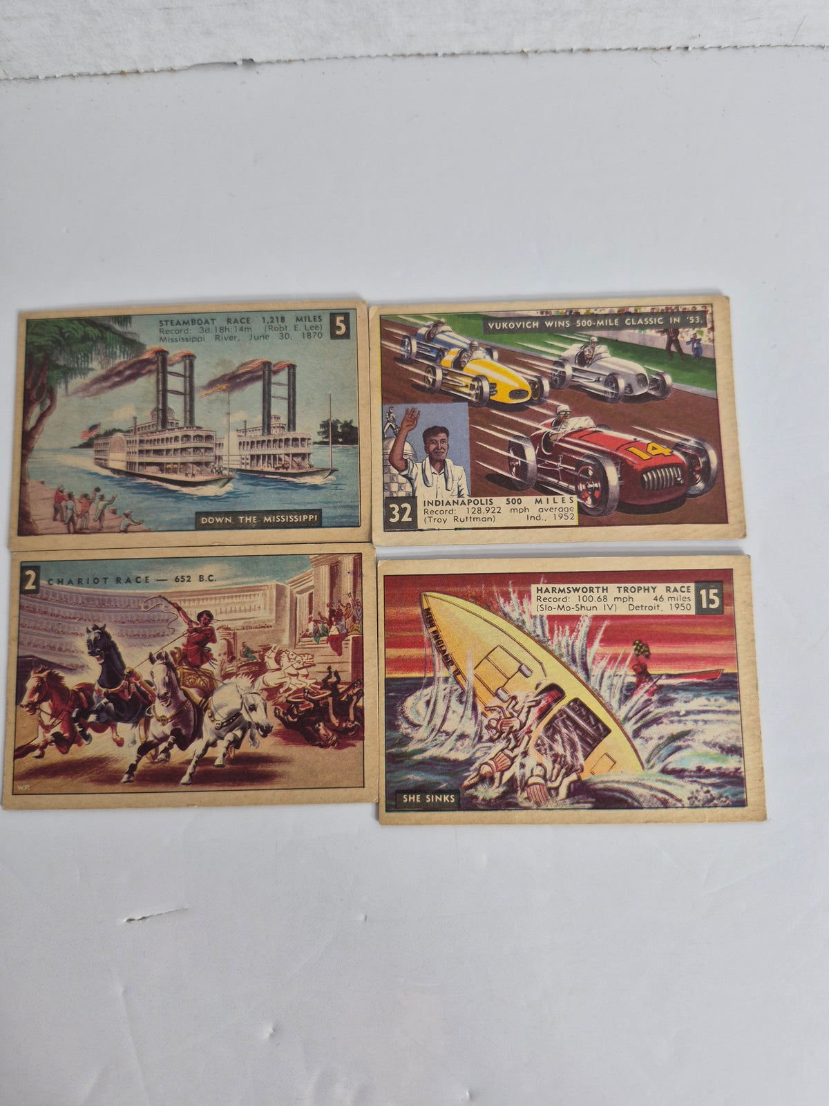 1950s "Race Against Time" Trading Cards – Lot of 22 (18 Different) – Canadian Bilingual Issue – Calgary Stampede Chuck Wagon Race – Queen's Plate – Space Ship Race – Indianapolis 500