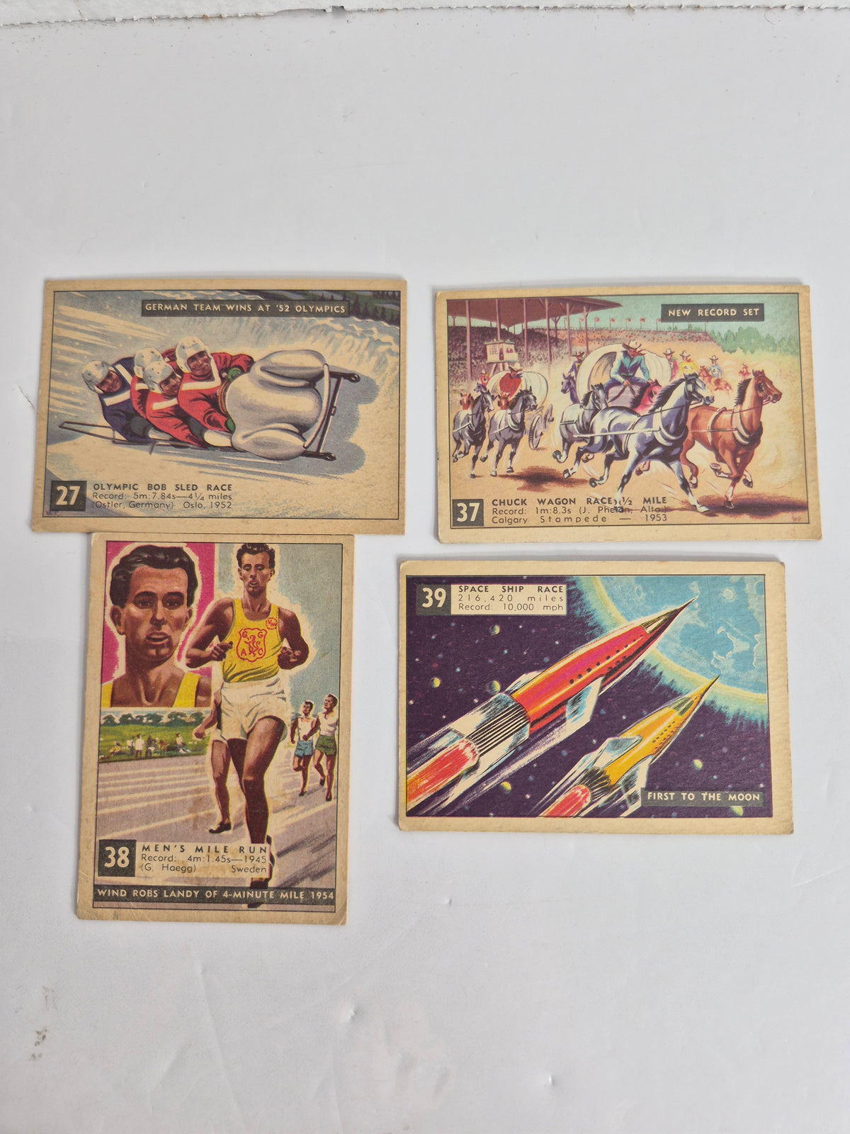 1950s "Race Against Time" Trading Cards – Lot of 22 (18 Different) – Canadian Bilingual Issue – Calgary Stampede Chuck Wagon Race – Queen's Plate – Space Ship Race – Indianapolis 500