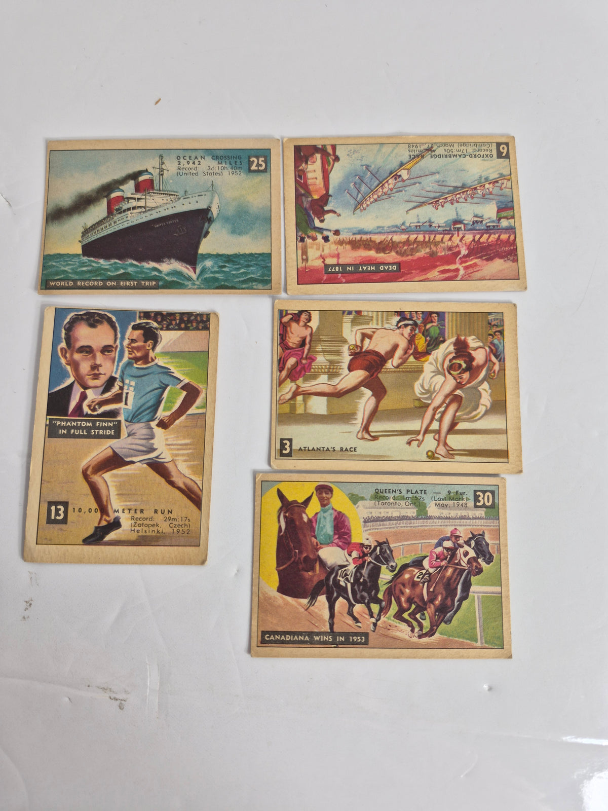 1950s "Race Against Time" Trading Cards – Lot of 22 (18 Different) – Canadian Bilingual Issue – Calgary Stampede Chuck Wagon Race – Queen's Plate – Space Ship Race – Indianapolis 500