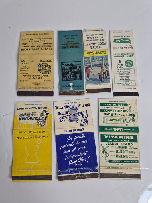 Vintage Drug Store Matchbook Covers – Lot of 7 – Frost's Drug Store & Miners Drug, Melfort, Sask. – Guardian Drug Stores – Leader Drug Stores – "Know Your Pharmacist"